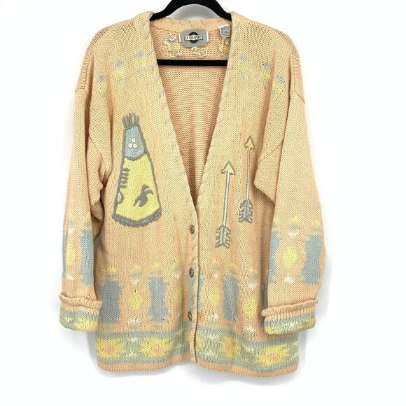 American Vintage Sweaters - Vintage Chaus Sport V-Neck Cardigan Sweater Womens Sz M Peach Teepee Arrow Print
